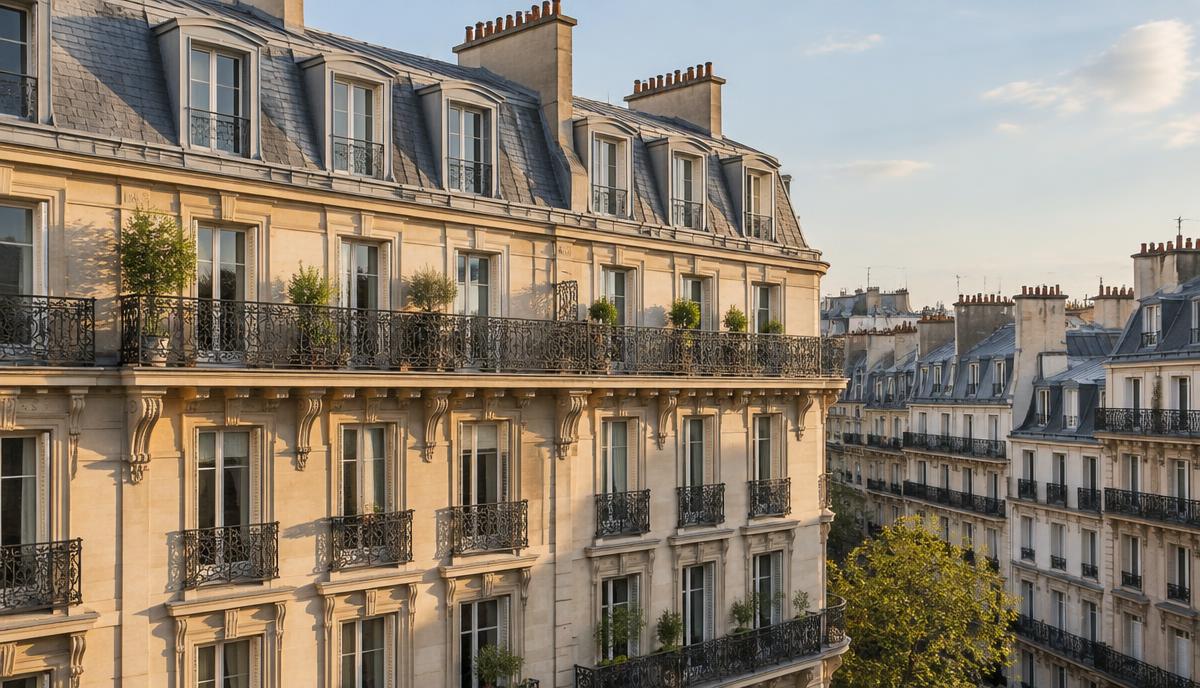 Façade d’immeuble haussmannien parisien avec toitures en zinc